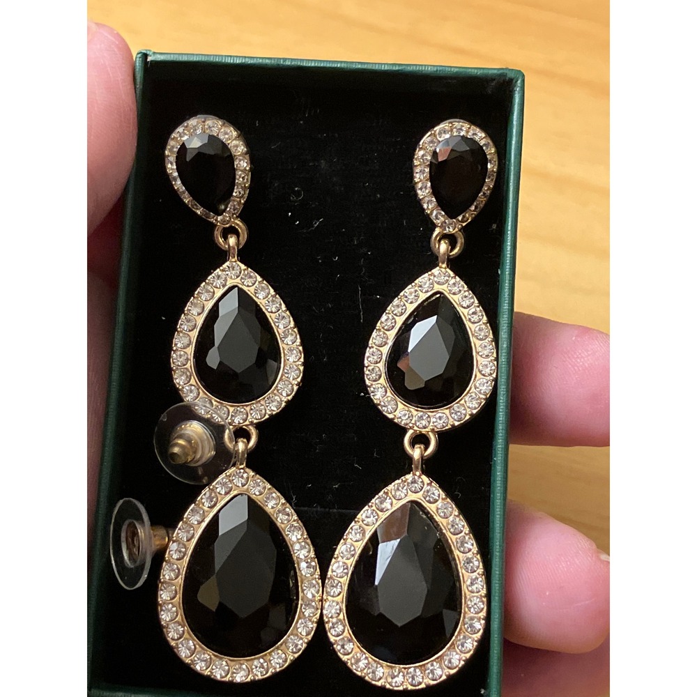 Black Teardrop Dangle Earrings Gold Tone Crystal Halo Triple Tier Statement - Picture 6 of 6